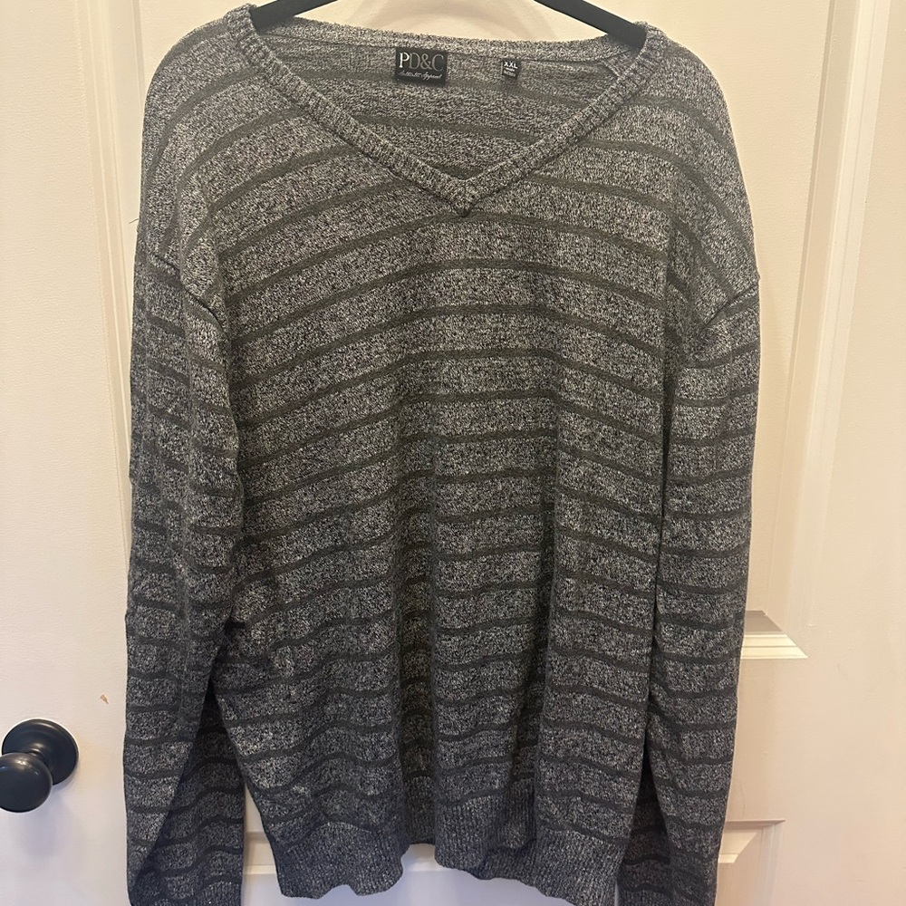 PD&C Gray V-Neck Sweater with Ribbed Details